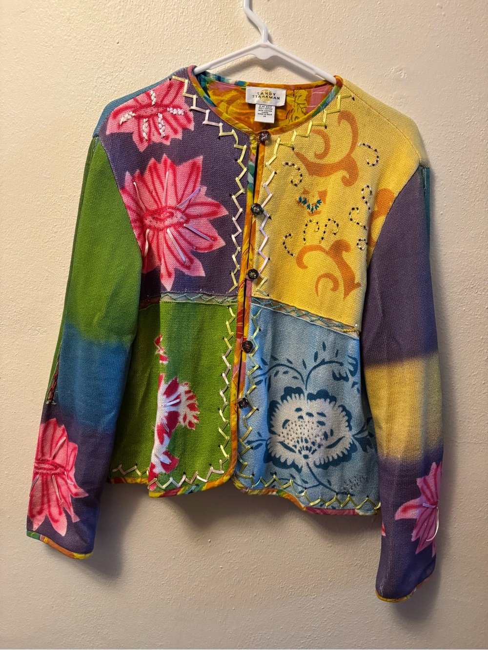 Vintage Sandy Starkman Patchwork Floral Cardigan Sweater Jacket Size M